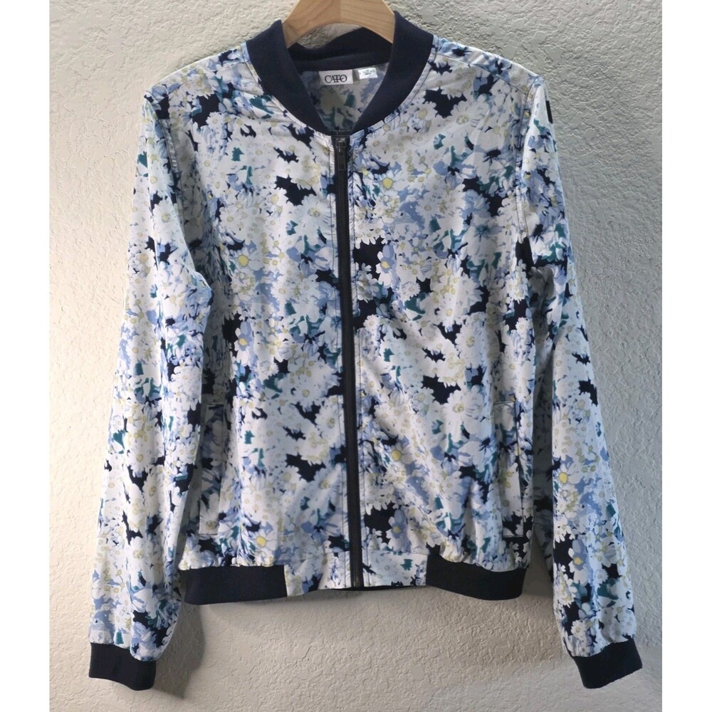 Cato Floral Bomber Jacket Women Medium Blue White Zip Front Lightweight - Picture 2 of 11